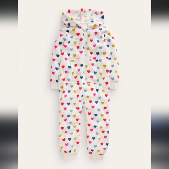 Boden Cozy Heart Print Hooded Onesie Cosy Fleece All-In-One 7-8y